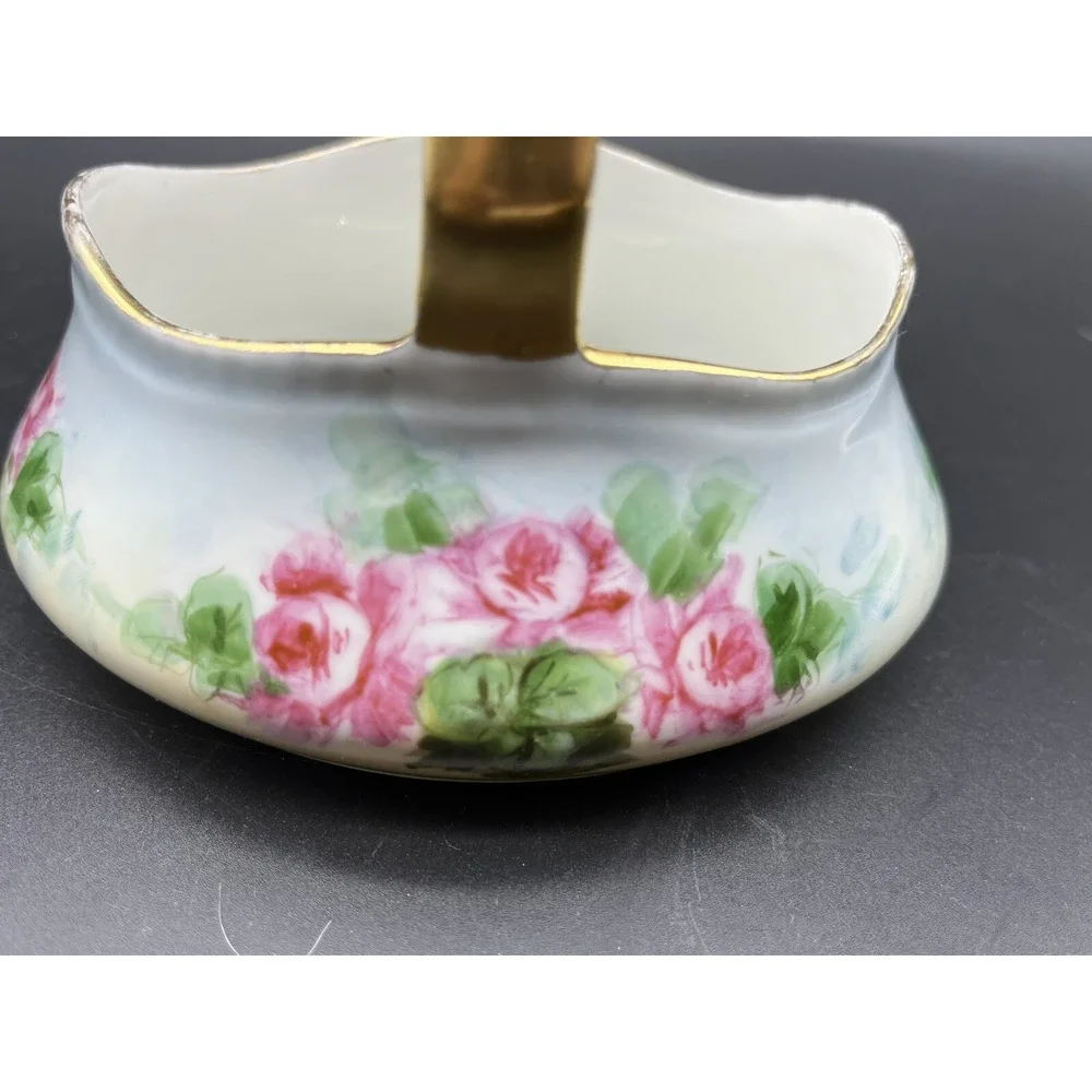 Antique Handmade/ Hand painted German Porcelain Gold Handle Basket w Roses